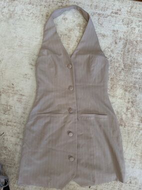 Miss Selfridge Taupe Pinstripe Halter Mini Dress